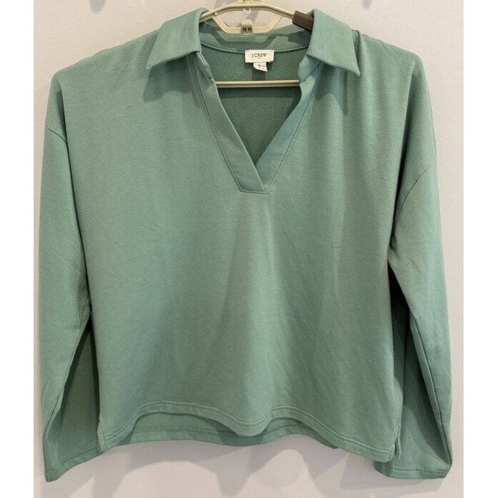 J Crew Womens Soft Terry Polo Shirt Mountain Laurel Green Long Sleeve Size L